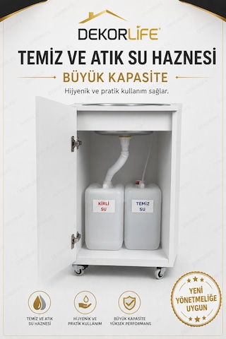 Yeni Yönetmeliğe Uygun Seyyar Mobil Lavabo Paslanmaz Evyeli 10 L Çift Hazneli Şarjlı Musluklu Tekerlekli Lavabo Beyaz
