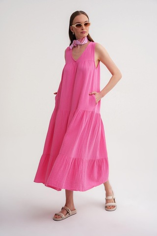 Mixray 4673 Kadın Büzgü Detaylı Müslin Elbise Pembe