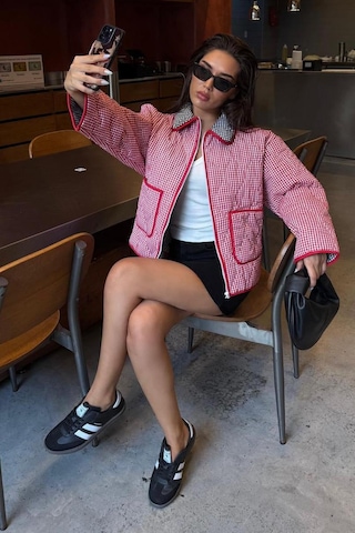 Kırmızı Pötikareli Cepli Kadın Mont Mg2488 Kırmızı