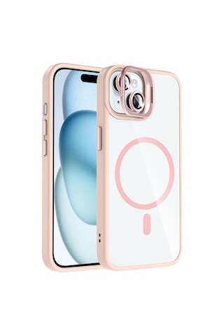 Zore iPhone Uyumlu 15 Kılıf Standlı Ve Kamera Lens Hediyeli M-safe Şarj Özellikli Ogaa Etro Kapak - Pembe