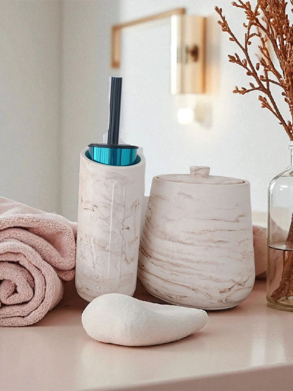 4 Parça Mermer Desenli Beton Banyo Wc Seti Tuvalet Fırçası Çöp Kovası 4 Litre Bej