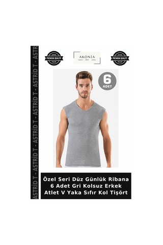 Astrid T Özel Seri Düz Günlük Ribana 6 Adet Gri Kolsuz Erkek Atlet V Yaka Sıfır Kol Tişört Gri-6