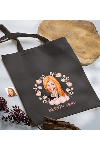 Bk Gift Kişiye Özel Anneler Günü Karikatürlü Antrasit Kumaş Bez Çanta, Baskılı Omuz Çantası, Alışveriş Çantası, Anneye Hediye-3 Antrasit