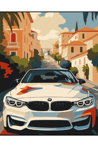 Denic Sayılarla Boyama Seti 40x50 Cm (Çıtalı) Fırça Boya Dahil Numaralı Tuval Beyaz Araba