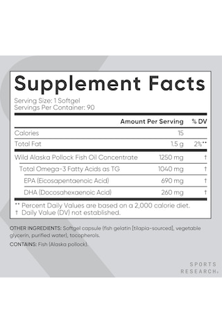 Sports Research Alaskan Omega-3 Fish Oil 90 Yumuşak Kapsül Usa Menşeii Orijinal Dmmedicineden