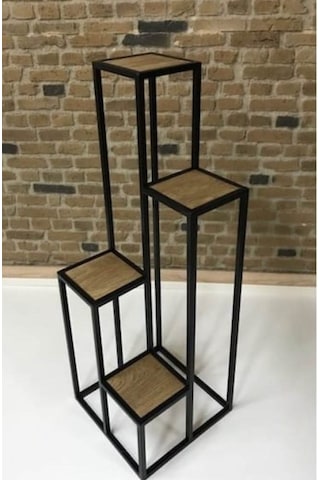 Çiçeklik Zlf Dekoratif Kule Model Metal Transmisyon Çelik Siyah Statik Boya Ahşap tabla El Yapım