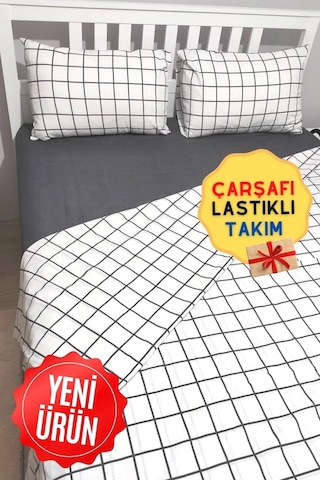 Karo Siyah Pamuklu Nevresim Takımı Beyaz 180x200 Beyaz