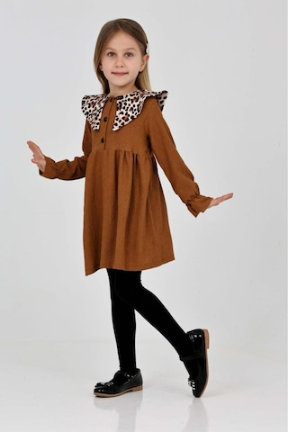 Kız Çocuk Yaka Desenli Bürümcük Elbise 12190 Kahverengi