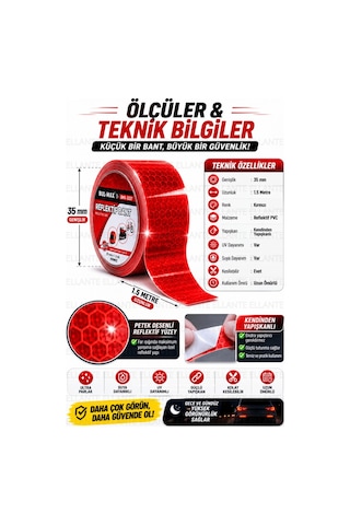 Kırmızı Reflektif Bant 3.5 Cm X 1.5 Metre Kendinden Yapışkanlı Gece Görünürlük Güvenlik Bandı Bisikl
