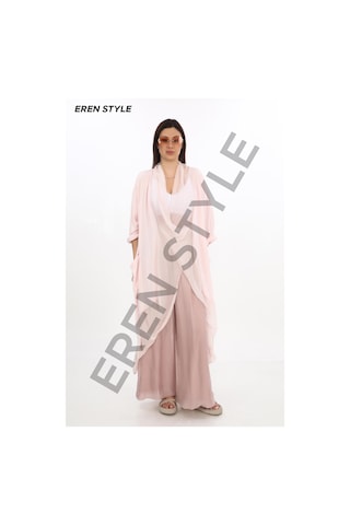 Italyan Ipek Detaylı Oversize Kaftan & Bluz-8711 Pudra