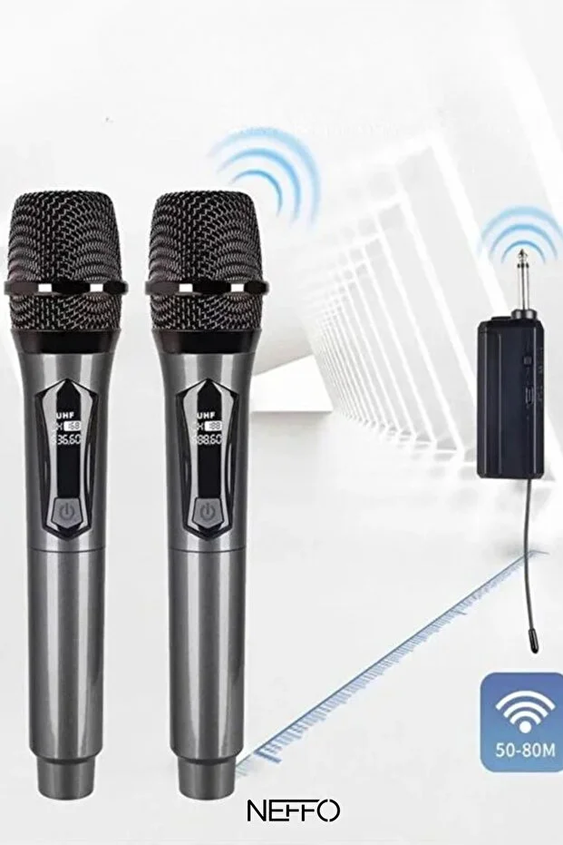 Çiftli Kablosuz Mikrofon Seti Şarj Edilebilir Karaoke Mikrofonu, 50 Metre Mesafe