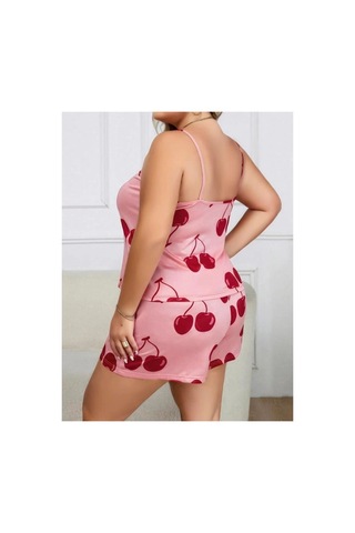 Kapsulavm Büyük Beden Pembe Kiraz Desen İnce Askılı Pamuklu Şortlu Pijama Takımı Pembe