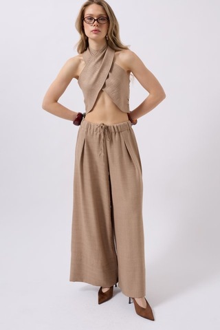 Hazego Düşük Bel Oversize Keten Pantolon Vizon