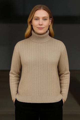 Balıkcı Yaka Bağazlı Triko Kazak Pamuklu Kalın Fitilli Dokuma - Bej Bej