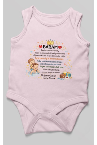 Morivokids Babam Doğum Günün Kutlu Olsun Sıfır Kollu Bebek Zıbını %100 Pamuk Bebe Pembe