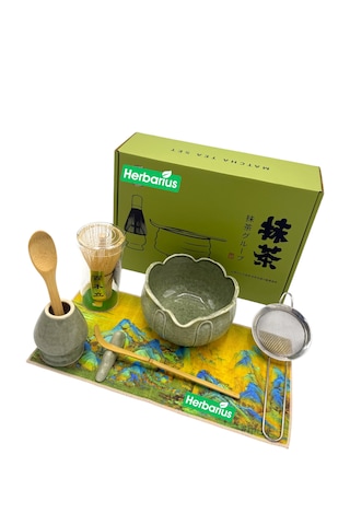Herbarius 8 Parça Lotus Desenli Adaçayı Yeşili Renk Matcha Çayı Hazırlama Seti - Geleneksel Japon Matcha Seti