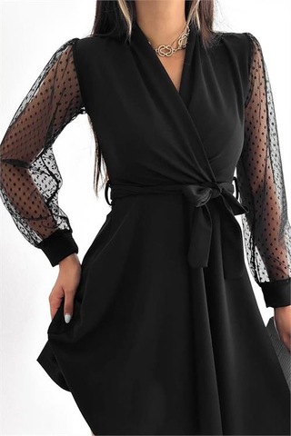 Neşeli Butik Kadın Siyah Bağlama Detaylı Tül Detaylı Kloş Elbise Kklf33 Siyah