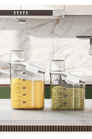 Ezere Nem Geçirmez Pratik Ölçü Kaplı Baharat Ve Tahıl Kavanozu 1600ml Beyaz