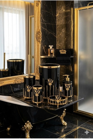 Makri Home Gold Kaplama Metal Stantlı 5 Parça Mermer Desenli Ve Düz Renk Seçenekli Banyo Aksesuar Takımı Siyah