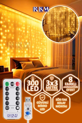 Dekoratif Perde Led 3x3 Gün Işığı Peri Led 300 Ledli 3mx3m Kumandalı 8 Modlu Usb'li Süsleme Ledi Gün Işığı