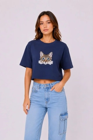 Defymoda Kedi Baskılı Oversize Crop Tişört Salaş Basic Yarım Kol T-shirt - Lacivert