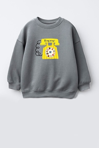 Monila Unisex Çocuk Telefon Baskılı 3 İplik Kumaş Pamuklu Sweatshirt Antrasit