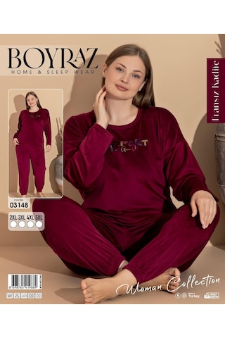 Boyraz Kadın Kışlık Fransız Kadife Büyük Beden Bisiklet Yaka Uzun Kol Pijama Takımı 03148 - 1 Adet Bordo