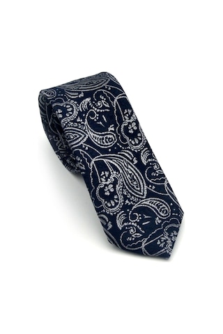 Gaffy Gri Şal Desenli Lacivert Dokuma Kumaş Mendilli Slim Fit Kravat // Sdk-2607-2 Lacivert