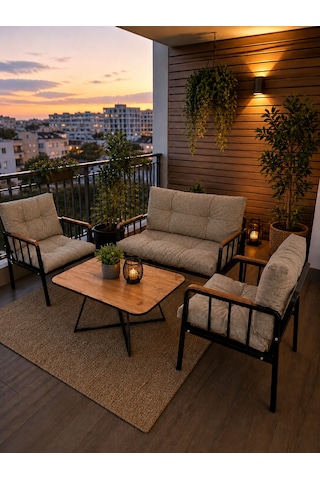 Liva Bahçe Balkon Oturma Grubu - 2+1+1 Takım + Sehpa - Siyah Metal İskelet Konforlu Kırpık Dolgu Cappuccino