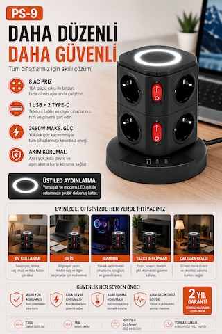 3680w Kablosuz Şarjlı Kule Priz 8 Ac Priz 1 Usb 2 Type-c Akım Korumalı Topraklamalı Çoklu Priz Ev Ofis Bilgisayar Gaming Şarj İstasyonu Ps-9