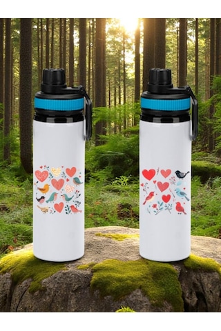 Kuşlar Ve Kalpler Baskılı 2'li Mavi Kulplu Matara Suluk 850 Ml Beyaz Kuşlar Ve Kalpler Baskılı 2'li Mavi Kulplu Matara Suluk 850 Ml Beyaz