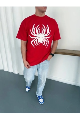 Defymoda Erkek Örümcek Baskılı Tişört Kısa Kollu Bisiklet Yaka T-shirt - Kırmızı