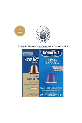 Caffe Borbone Crema Superiore & Crema Classica Nespresso Uyumlu 20'li Kapsül Kahve 2x10 Caffe Borbone Crema Superiore & Crema Classica Nespresso Uyumlu 20'li Kapsül Kahve 2x10
