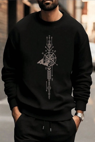 Uyguntarz Pusula Zaman Çizelge Baskılı Oversize Sweatshirt siyah