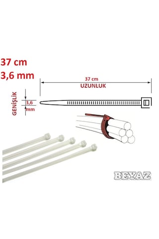 100 Adet 37cmx3,6mm Beyaz Plastik Cırt Kelepçe Kablo Bağı