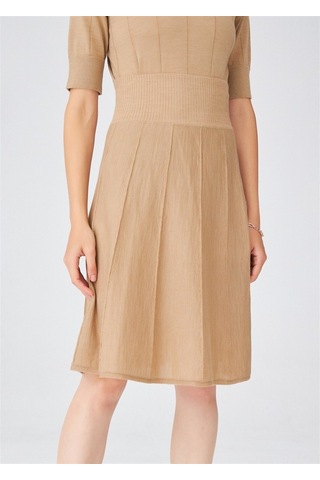 Peraluna Çizgili Yüksek Bel Bol Kesim Triko Etek Camel Melanj Camel