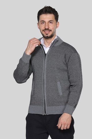 Kzctekstil Erkek Triko Akrilik Kalın Dokulu Klasik Fit Fermuarlı Cepli Kışlık Baba Hırka Gri