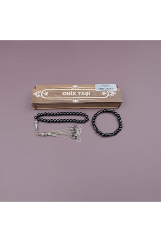 Oniks Doğal Taş Bileklik+ Tesbih Set Kahverengi Ahşap Kutulu