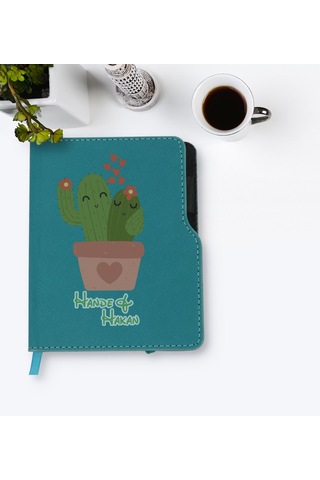 Kişiye Özel Kaktüs Tasarımlı Turkuaz Termo Deri Defter-11