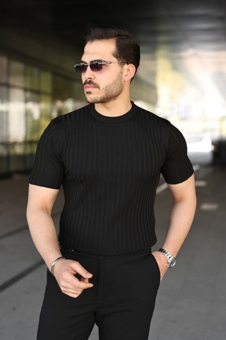 Veraura Lifestyle Erkek Fitilli Bisiklet Yaka Kısa Kollu Tişört Siyah