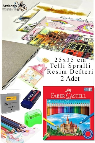24 Renk Kuru Boya 25x35 Cm Telli Spralli Resim Defteri Hamur Silgi Kalemtraş 15 Yaprak Kuruboya Resim Defteri Kuruboya Çok Renkli