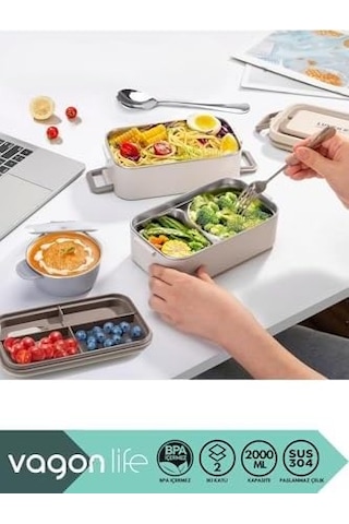 Bento 2000ml Lunchbox 2 Katlı 3 Bölmeli Mini Kaseli Çelik Sefer Tası Yemek Kutusu Lacivert-sarı Bakır