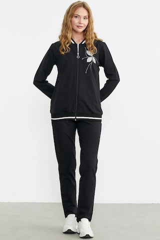 Sementa Nakış Detaylı Cepli Fermuarlı Bayan Eşofman Takım Siyah