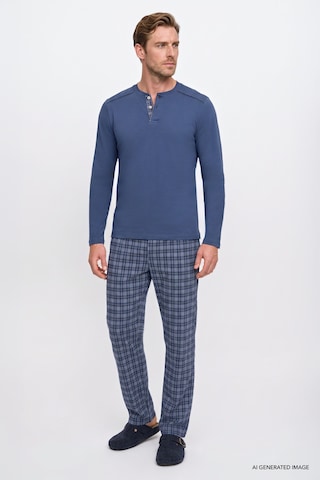 AC&Co / Altınyıldız Classics Erkek Indıgo %100 Pamuk Standart Fit Hakim Yaka Desenli Cepli Pijama Takımı İndigo
