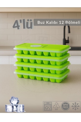 4'lü Set Buz Kalıbı 12 Bölmeli Esnek Silikon Buz Küpü Bpa Free Kare Bas Parmak Buzluk 3x3 Cm Yeşil Yeşil