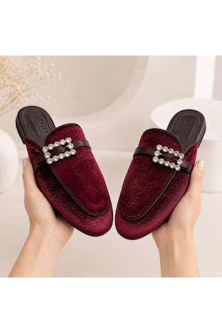Dabab Shoes Marıgold Kadın Taşlı Tokalı Bordo Kadife Görünümlü Kapalı Burun Düz Taban Mule Terlik
