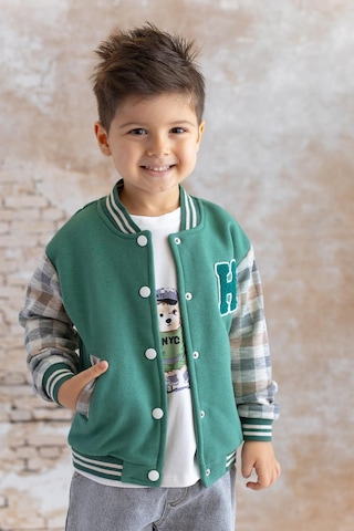 Erkek Bebek Nakış Detaylı Ekose Garnili Bomber Ceket - Yeşil Yeşil
