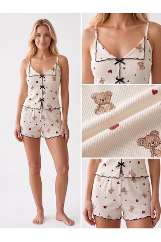 Çağrı Bies Kadın Dekolte Yaka Fırfır Detay Kaşkorse Kumaş Pamuk Likra İp Askılı Mini Şortlu Pijama Takımı Kahverengi