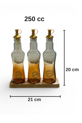 Ahşap Standlı 3 Lü Cam Yağdanlık Seti 250 Ml Zeytinyağı Sirkelik Limonluk Balsamic Şişe Şeffaf