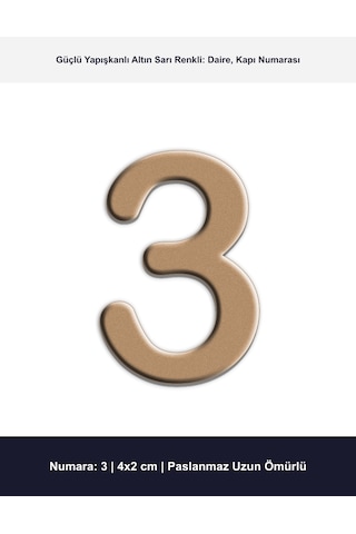 4x2 Cm Altın Sarı Renk Metal Kapı Numarası No 3 - Yapışkanlı Daire Ve Villa Numaratörü